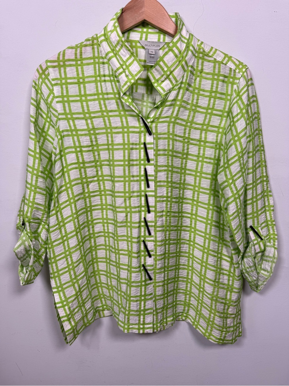 Multiples Green White Plaid Crinkle Tunic Roll Tab Size PM Great Condition